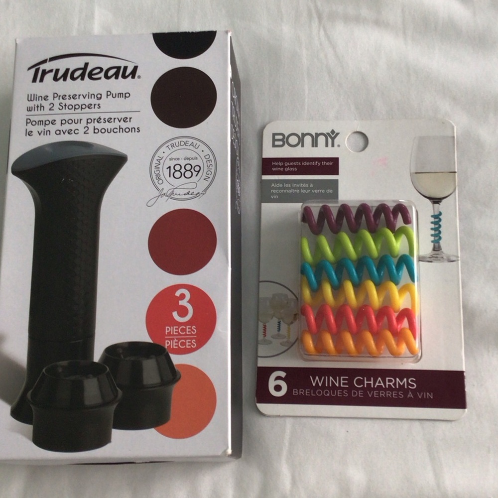 Trudeau Black Wine Preserving Pump With 2 Stoppers and Colorful Wine Charms